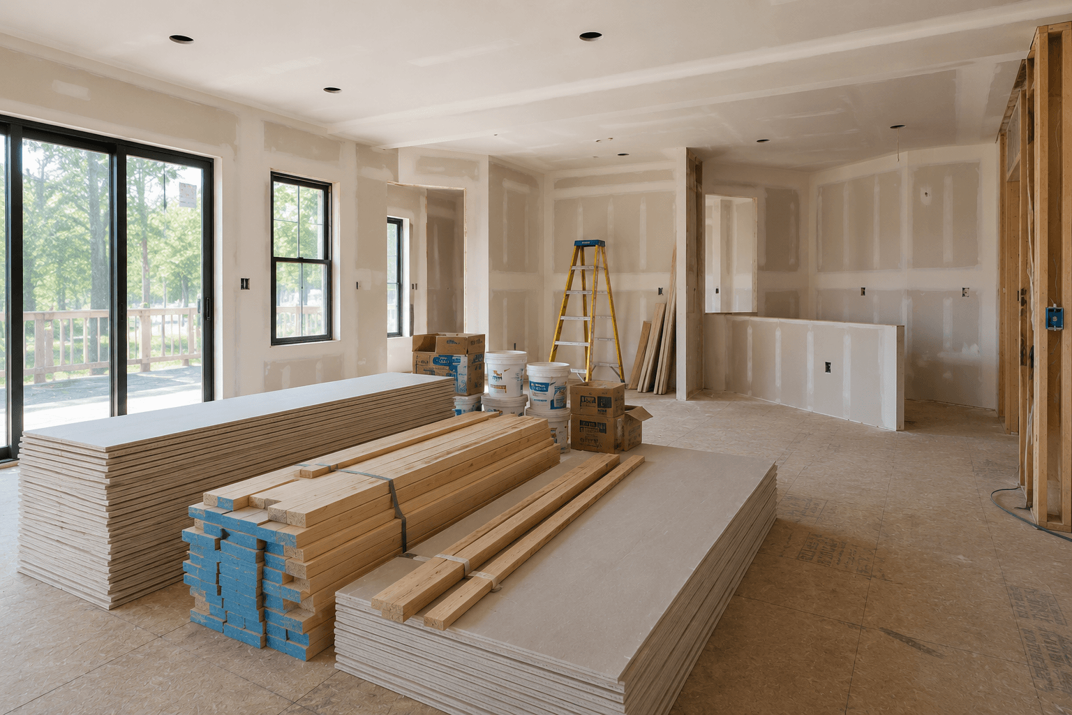 Framing lumber and materials staged inside a home mid-renovation